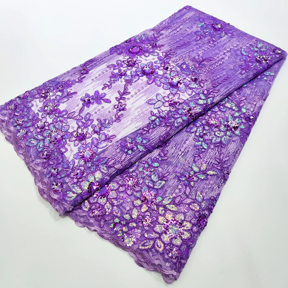 

2022 Latest French Tulle Lilac Nigerian Net Lace African Mesh With Sequins Lace Fabric High Quality For Wedding Dress 5 Yards