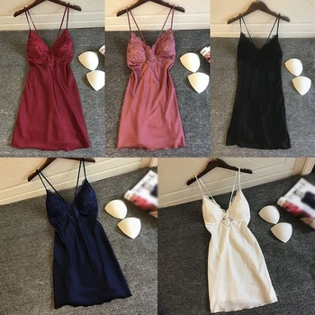 

Women's Lingerie Lace V-neck Nightgowns Sexy Women's Padded Dress Sling Solid Color Satin Mini Sleepwear Lounge Female