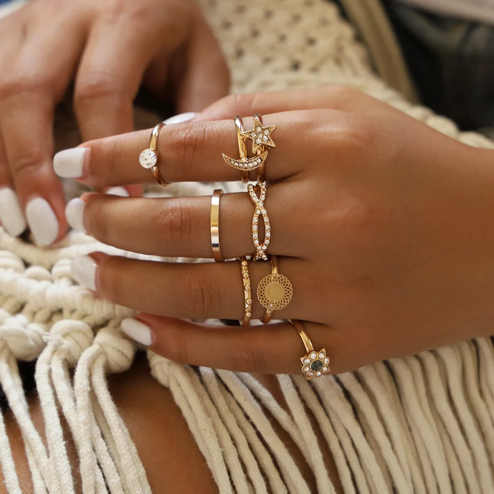 

Exquisite Moon Star Flower Round Crystal Joint Gold Ring Set Fashion Lady Engagement Ring Party Jewelry Wear Women Rings