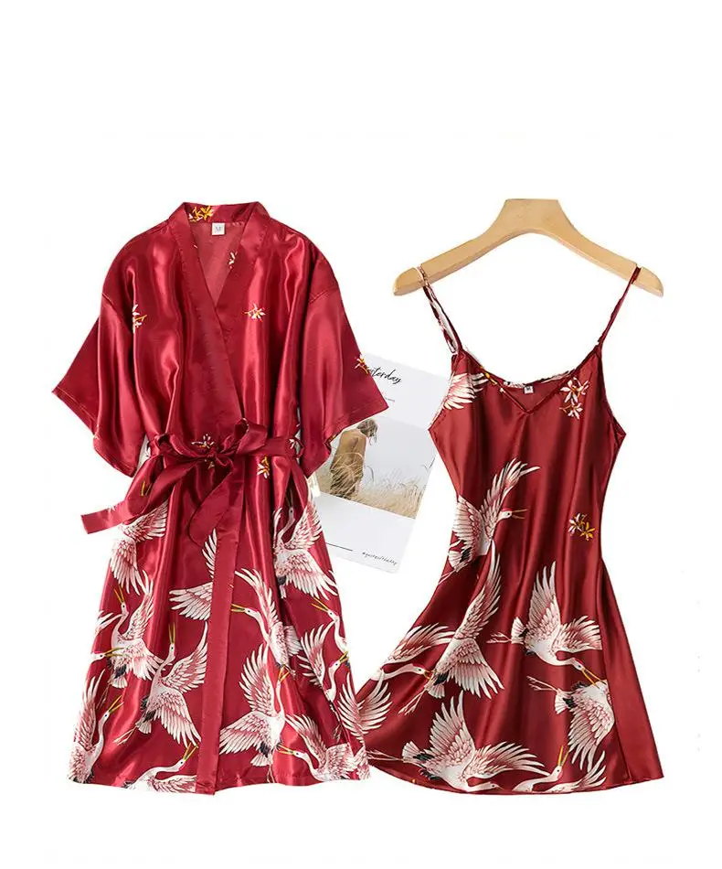 Tanie Bordowy kobiety 2 sztuk sztuczny jedwab szlafrok Kimono suknia ustawia seksowny nadruk sklep
