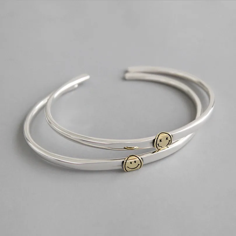 Delicate S925 Sterling Silver Bangles INS Smile Face Friendship Bracelets Korean Woman Bracelet and Bangles