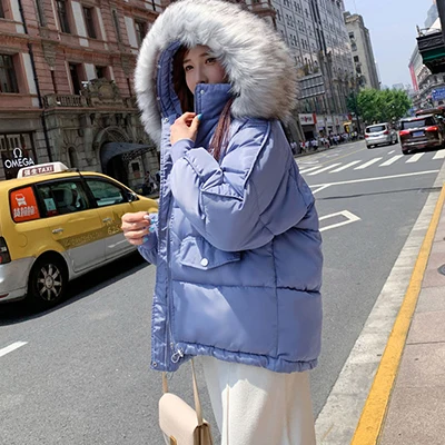 blue Повседневное меховое пуховое пальто с капюшоном для женщин, зимнее плотное теплое пальто-парка больших размеров, женский корейский пуховик, женская модная однотонная верхняя одежда - Цвет: blue