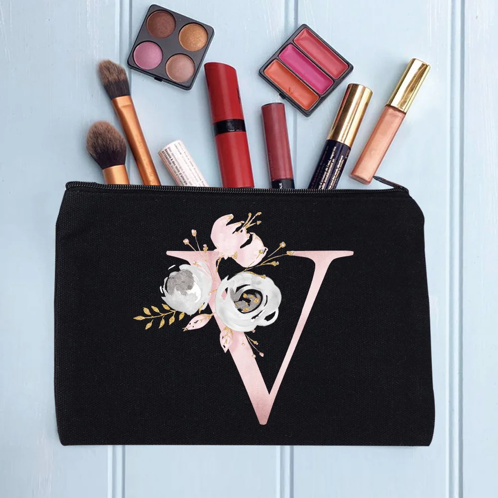 Women's Cosmetic Makeup Bags Female Organizer Pink Flower 26 Letters School Pencil Cases Carrying Bag for Coin Purse