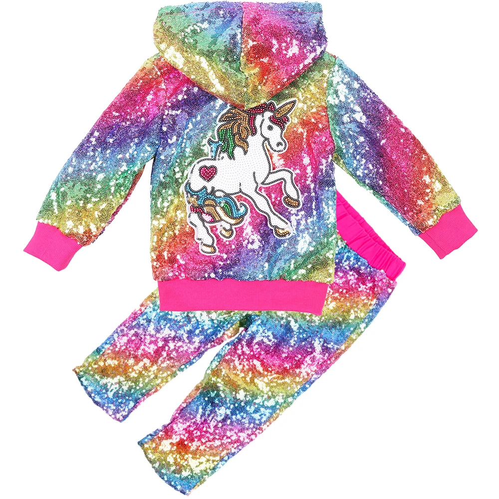Baby Boys Girls Sequin Unicorn Jacket Hooded Suits with Pants Autumn Winter New Fashion Christmas Clothes for Toddler