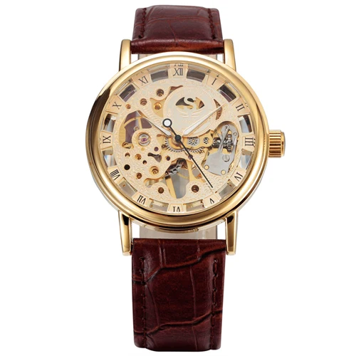 New Luxury Brand Gold Transparent Skeleton Watch Men Mechanical Hand Wind Wristwatch Male Fashion Leather Band Wristwatch - Цвет: GoldGold