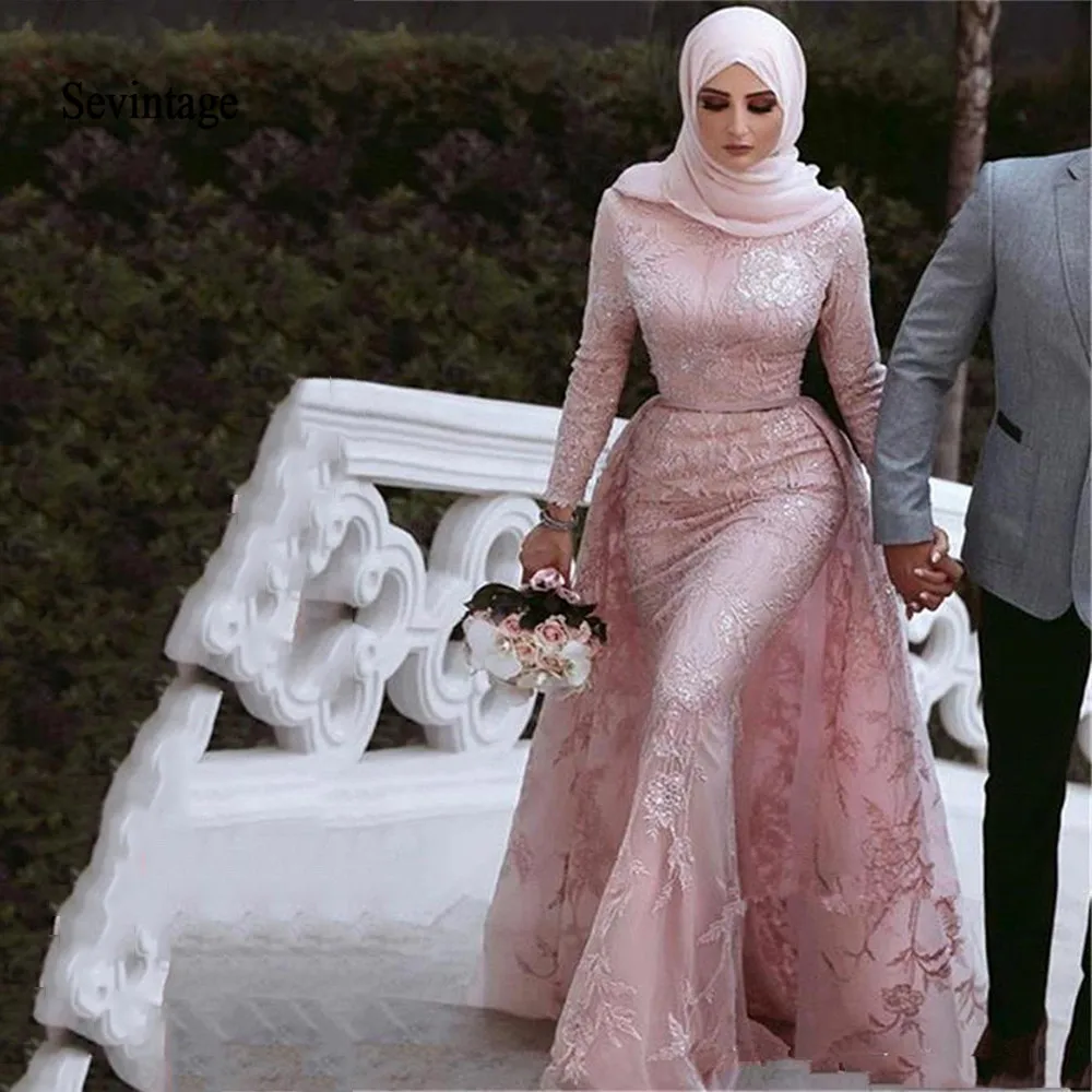 

Sevintage Mermaid Lace Evening Dresses Arabic Dubai Long Sleeves Prom Gown Muslim Sequins Formal Party Dress Detachable Train