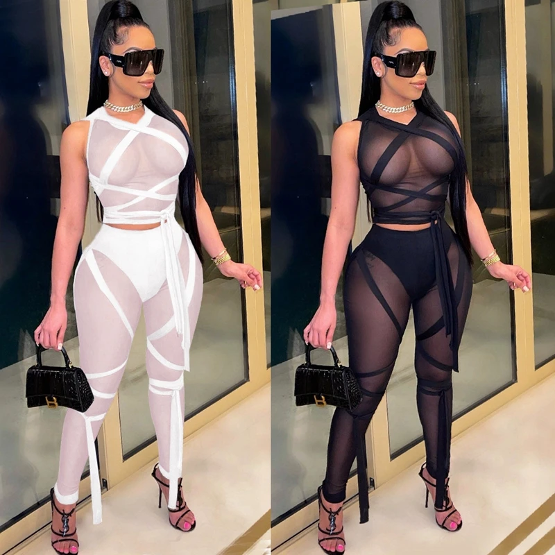 Sexy Sheer Mesh Two Piece Pants Set Summer Club Outfits for Women Party  Cubwear Crop Top Bandage Leggings 2 Piece Matching Set