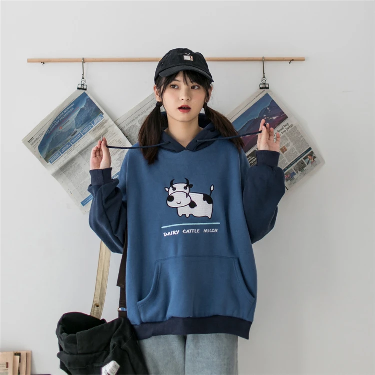 MERRY PRETTY женский мультфильм корова Вышивка толстовки с капюшоном Harajuku Kawaii толстовки зима плюс бархат пуловер с длинными рукавами