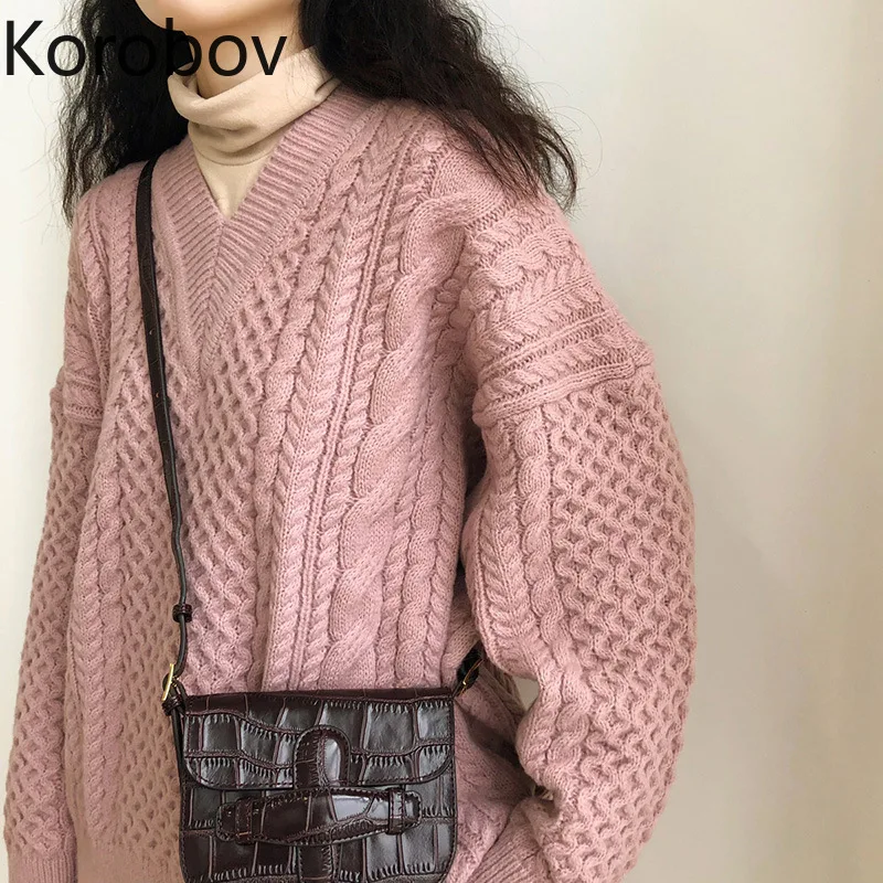 

Korobov Korean Solid Knit Women Sweaters Vintage Long Sleeve V-Neck Sueter Mujer Oversize Chic Vintage Pullovers 79350