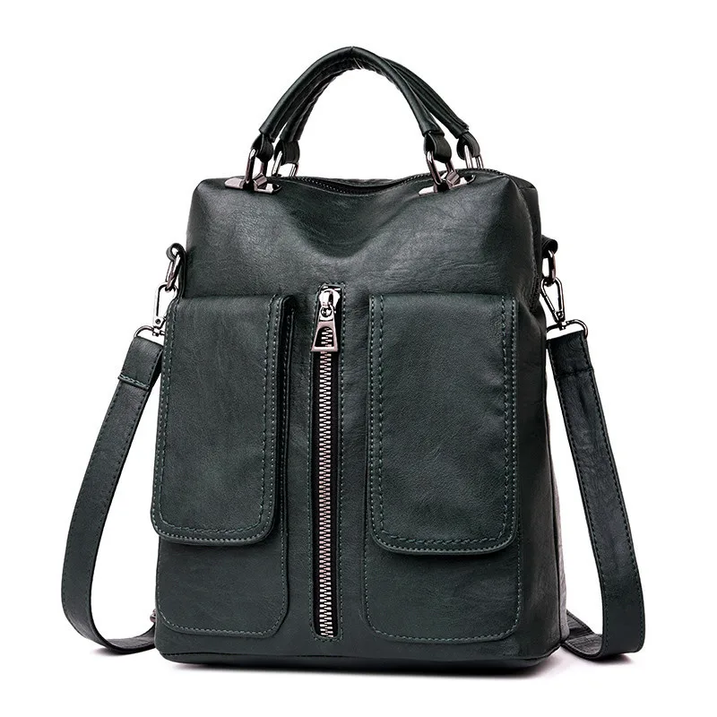 «3 в 1» в ретро-стиле с двойными карманами, Для женщин рюкзаки женские Высокое качество кожаный рюкзак, школьные сумки для девочек подростков Sac A Dos - Цвет: GREEN