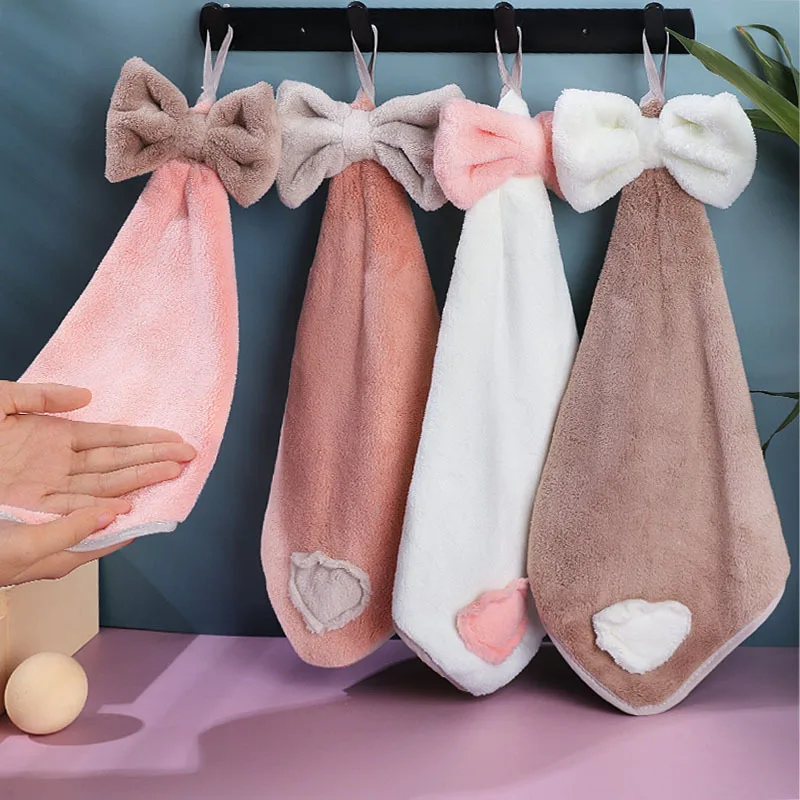 1PC Bowknot Hand Towel Coral Velvet Love Embroidered Hanging Cloth Absorbent Dishcloths Kitchen Bathroom Supplies 30x30cm microfiber towel,hand towel,microfiber hand towel