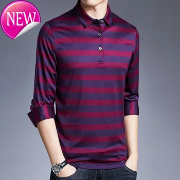 

Silk High Quality Men's Long Sleeve T-shirt 2020 Autumn New Business Fashion Stripe Lapel T-shirt Male Brand Clothes
