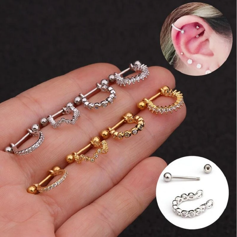 1pc Stainless Steel Barbell With Cz Hoop Cartilage Helix Lobe Earring
