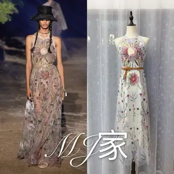 

New Round neck sun colorful embroidered goddess Halter sleeveless one-piece dress