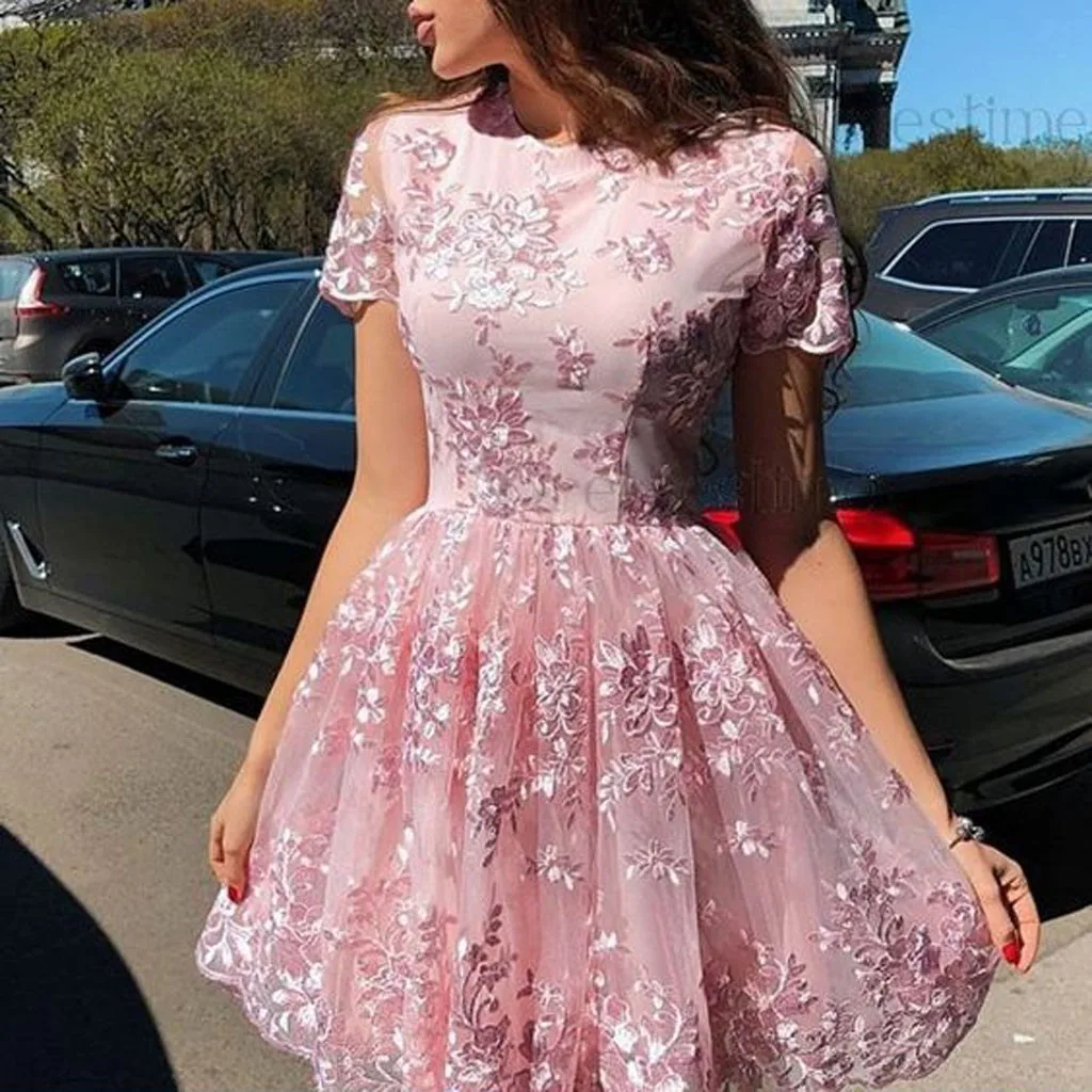 Новинка, модное женское кружевное однотонное платье с круглым вырезом размера плюс, повседневное Открытое розовое платье с коротким рукавом, Vestidos# G7