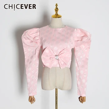 

CHICEVER Casual Polka Dot Bow Women's Blouses O Neck Puff Long Sleeve Elegant Ruched Shirts For Female Fashion Clothing 2020 New