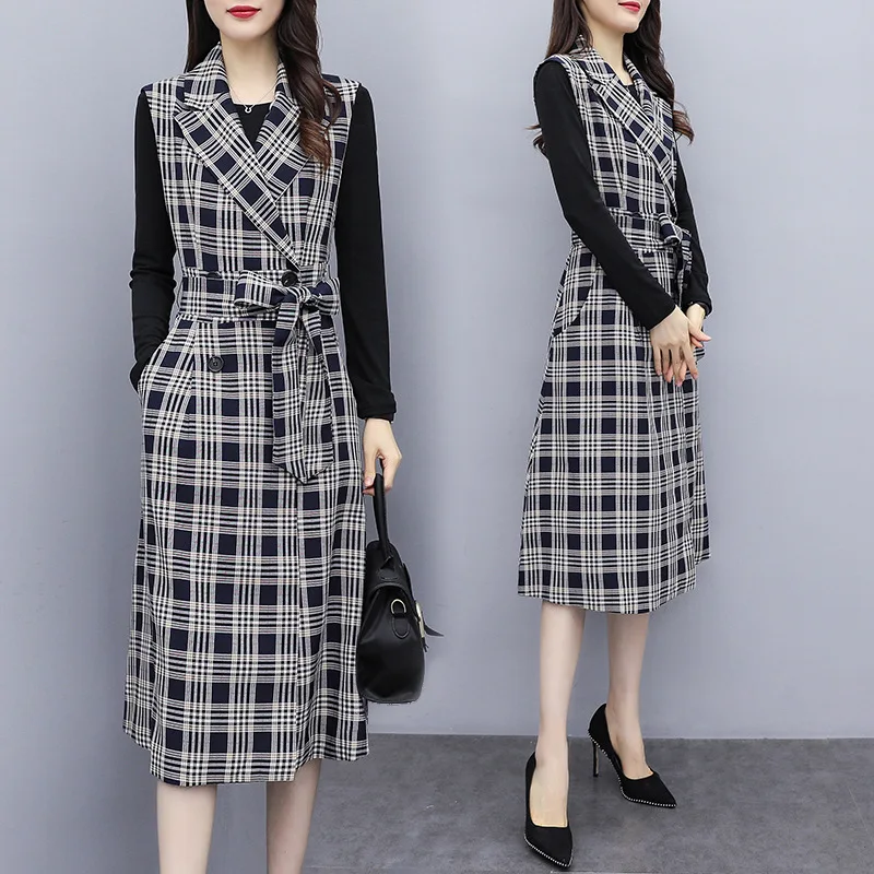 

Autumn Clothing Women's 2019 New Style Fashion Korean-style Set Slim Fit Slimming Base Shirt Mid-length Pattern Trench Coat Two-