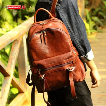 

Soft Leather Men's Backpack Trend New Backpack Leather Retro Men Bag Casual Vegetable Tanned Leather Bag Travel Backpacks