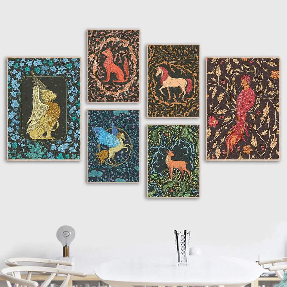 Lion Wolf Pegasus Unicorn Deer Bird Leaf Wall Art Canvas Painting Nordic Posters And Prints Pictures For Living Room Decor | Дом и сад