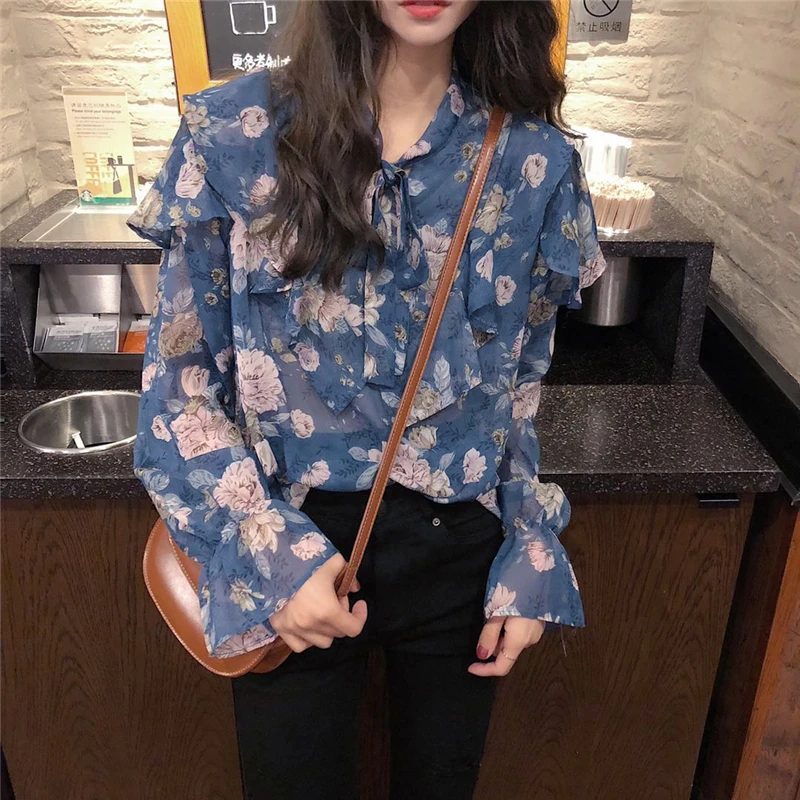 

Very fairy blouse female early autumn new Korean version loose wild retro flower foreign air thin long-sleeved chiffon shirt