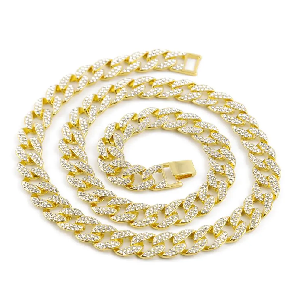 15 мм Мужская хип-хоп Iced Out Bling Full Rhinstones золотая, серебряная цепочка, ожерелье в стиле Майами, кубинская сеть, ожерелье s браслет, ювелирные изделия Хип-хоп