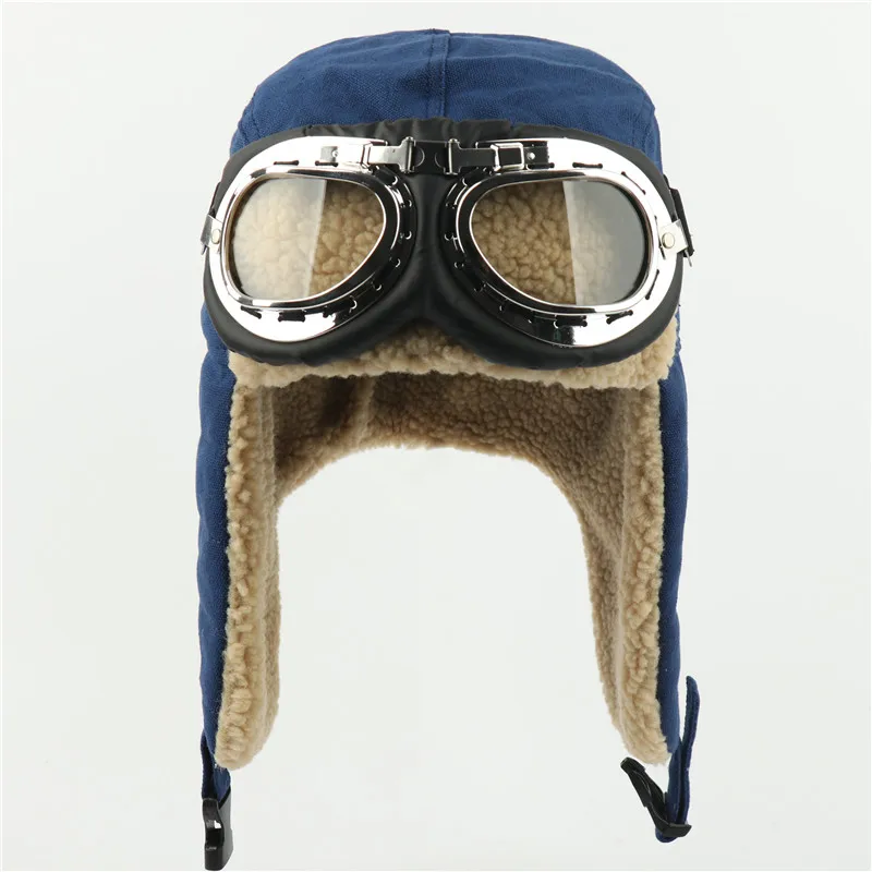 Blue with Goggles Зимние шапки-бомберы, шапка с ушками из русского меха, очки для мужчин и женщин, шлем летчика из искусственного берберского флиса, русские теплые зимние шапки - Цвет: Blue with Goggles
