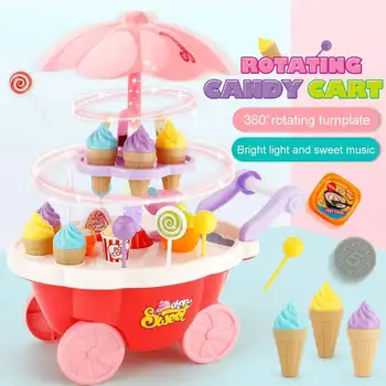 

35PCS Candy Trolley with Light Music Ice Cream Shop Supermarkets Shopping Cart Kid's Kitchen Children Play House Toys for Girls