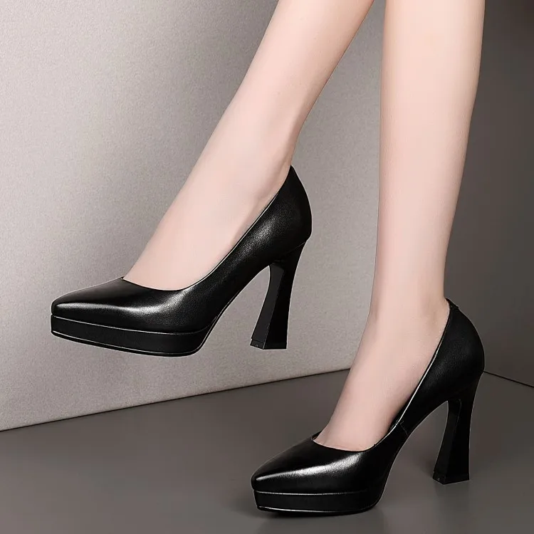 

Women's Pointed Toe Full-grain Leather Waterproof Platform Low Top Fashion Simple-Style Chunky-Heel Ultra-High-Low-Cut Fashion S