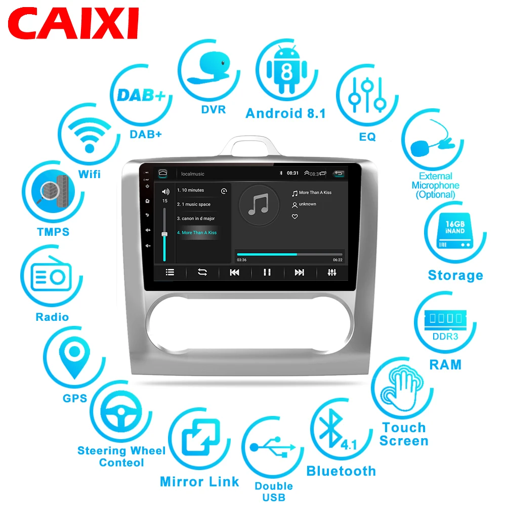 CAIXI 9 дюймов автомобиля Android 8,1 gps навигация 2 DIN Автомобильный Радио DVD плеер для 2004 2005 2006-2011 FordFocus Exi в