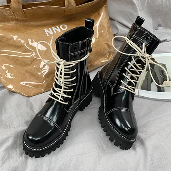 

Stylesowner 2019 Winter Fashion Woman Martin Boots Black Genuine Leather Lace-up Platform Women Boots Real Leather Boots