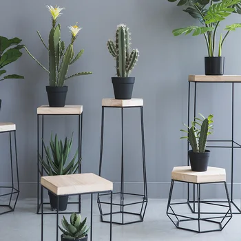 

Nordic Geometric Indoor Flower Stand Iron Wood Flower Metal Stand Scindapsus Balcony Office Decor Plant Shelf Wood Plant Stand
