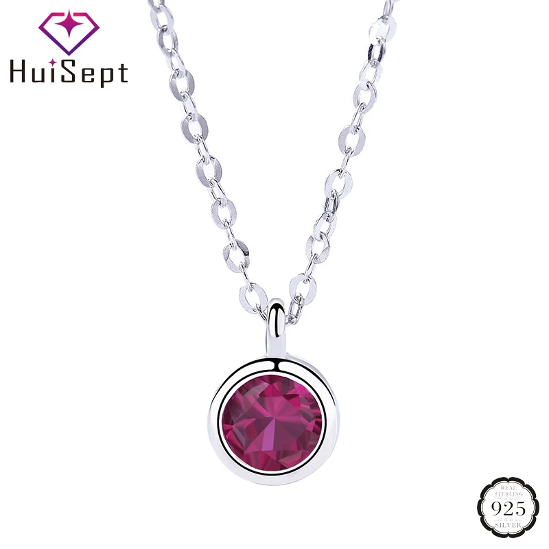 

HuiSept Trendy Women Necklace 925 Sterling Silver Jewelry Accessories Round Ruby Zircon Gemstone Pendant for Wedding Engagement