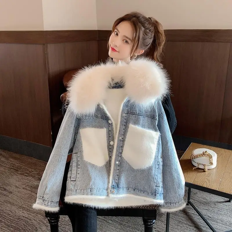 

Winter Imitation Fox Large Fur Collar Jeans Coat Women's Velvet Cotton-Padded Clothes Short Korean-Style Loose