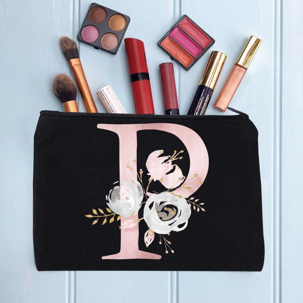 Women's Cosmetic Makeup Bags Female Organizer Pink Flower 26 Letters School Pencil Cases Carrying Bag for Coin Purse