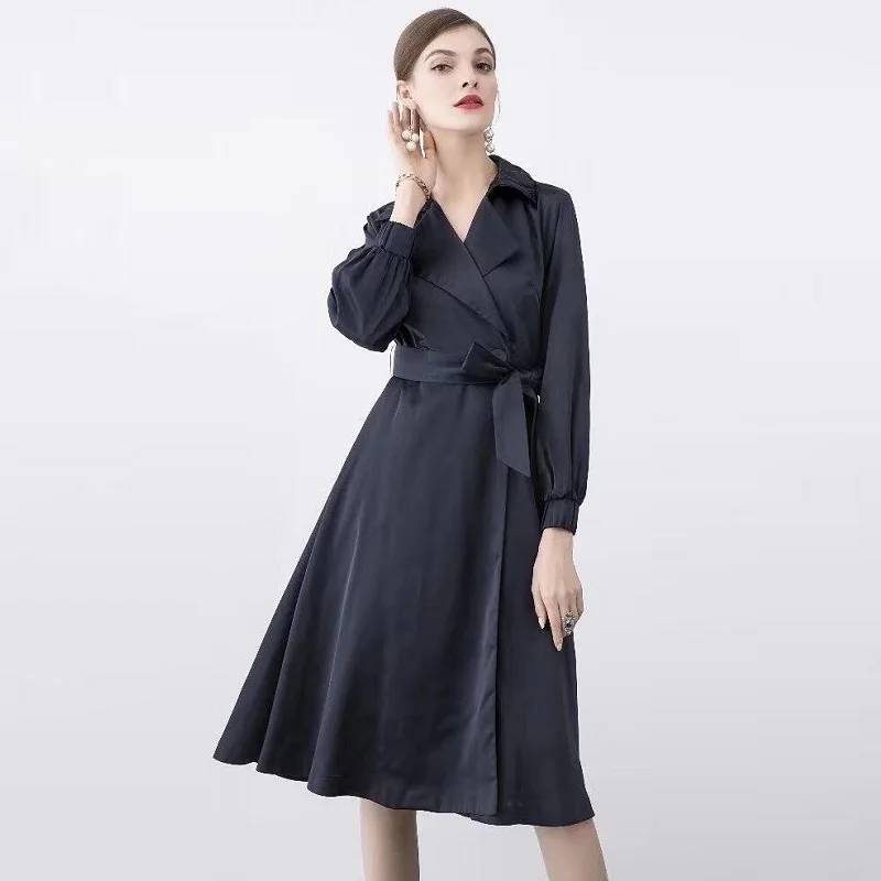 dark blue Осенняя мода длинная траншея женский отложной воротник с двойным вырезом, регулируемые ремни Длинные тёмные рукав синий зеленый пальто - Цвет: dark blue