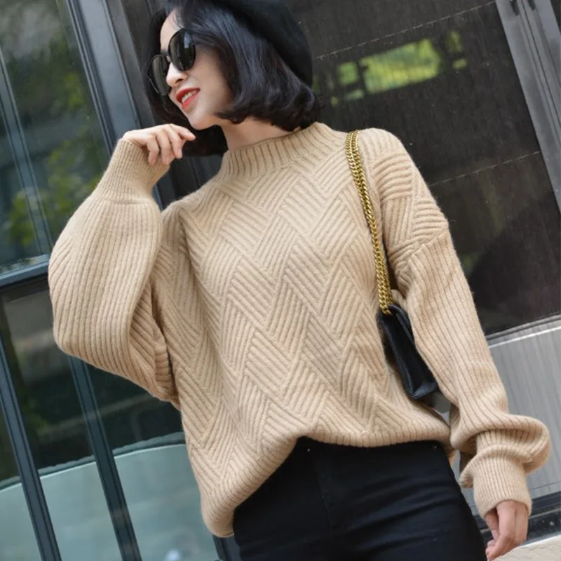 

Geometric Pattern Winter Women Sweaters Fashion Turtleneck Batwing Sleeve Pullovers Loose Knitted Sweaters Female Jumper Tops