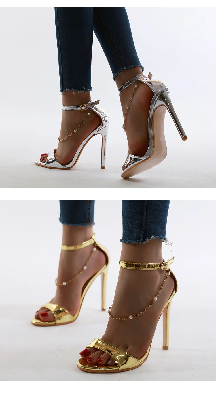 Aneikeh; коллекция года; женская обувь из лакированной кожи золотистого цвета; босоножки на высоком каблуке с открытым носком; летние модельные туфли для вечеринки; сандалии с пряжкой на лодыжке и бусинами