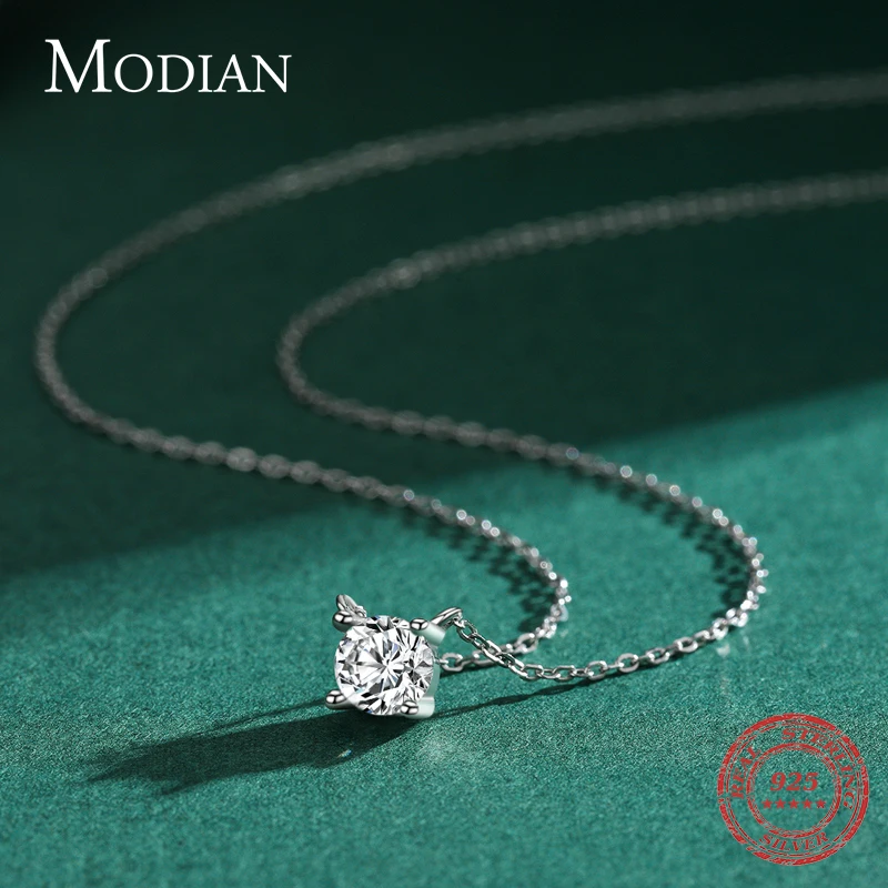 Modian Classic 925 Sterling Silver Round Simple Clear CZ Chain Necklaces Pendant For Women Wedding Engagement Statement Jewelry