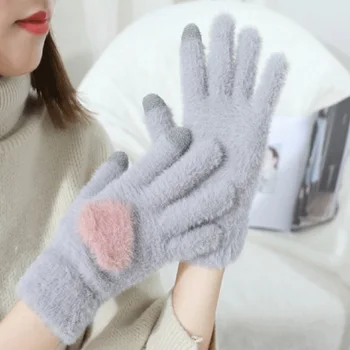 

New Gloves Knitted Women Touch Screen Winter Soft Rabbit Wool Knitted Gloves Warm Lovely Girls' Pink Heart Mittens Gloves