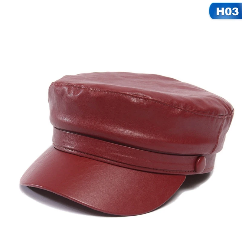 Военная шапка из искусственной кожи, осенне-зимняя шерстяная шляпа моряка для женщин и мужчин, Черная Женская кепка с плоским верхом для путешествий, Кепка Капитана - Цвет: HT3588H03