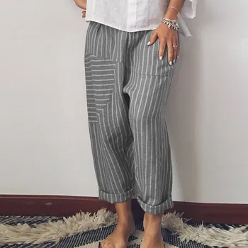 

Women's casual pants Womens Full Length Pants Cotton High Waist Stripe Trousers Ladies Pants Y809