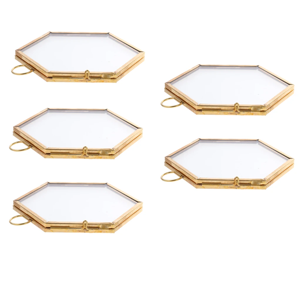 Pack of 5 Hanging Metal Glass Hexagon Photo Picture Frame Keepsake Gift Collage Pressed Leaves Holder - Copper