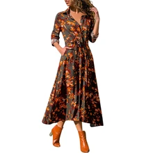 Женское платье в европейском и американском стиле, Осеннее кружевное платье с v-образным вырезом и длинными рукавами и высокой талией для девушек 726