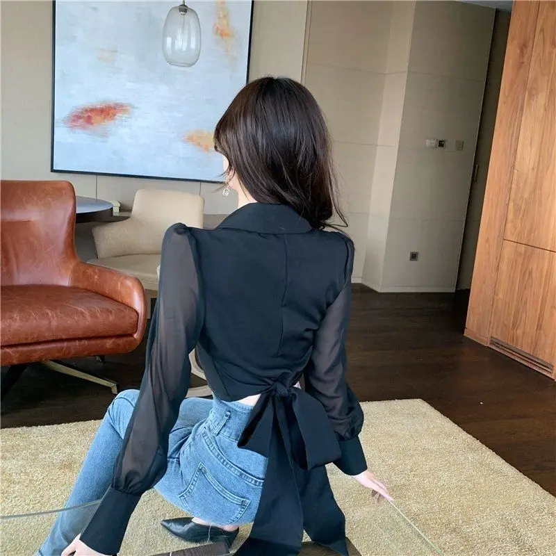 Shirts Women Solid Turn-down Collar Ins Abdomen Cropped Leisure Korean Style Fashionable Ladies Blouses Long Sleeve Stylish Chic