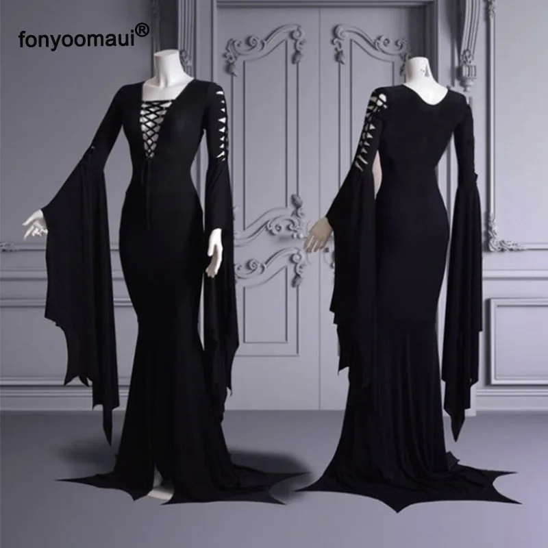 Halloween Cosplay Morticia Floor Dress Costume Adult Women Punk Gothic Witch Vintage Sexy Hollow Lace Up Slim Gown Dress| | - AliExpress