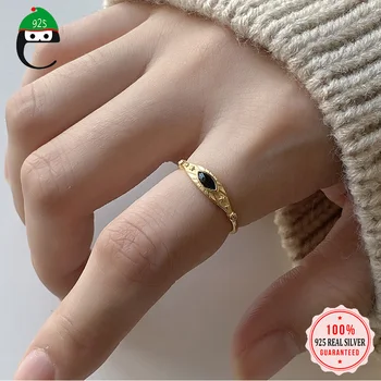 

ElfoPlataSi MInimalist Real 925 Sterling Silver Gold Black Eye INS CZ Opening Ring For Fashion Women Wedding Ring Jewelry DA1351