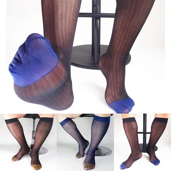 

2019 Medium High Tube men's socks breathe comfy Business socks Wide Stripe splice Vertical Gold Blue Toe translucent man Socks