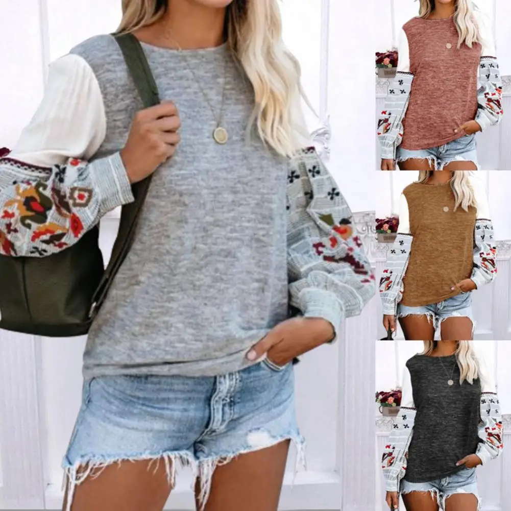 

Casual Women Autumn O Neck Floral Print Stitching Long Puff Sleeve Loose