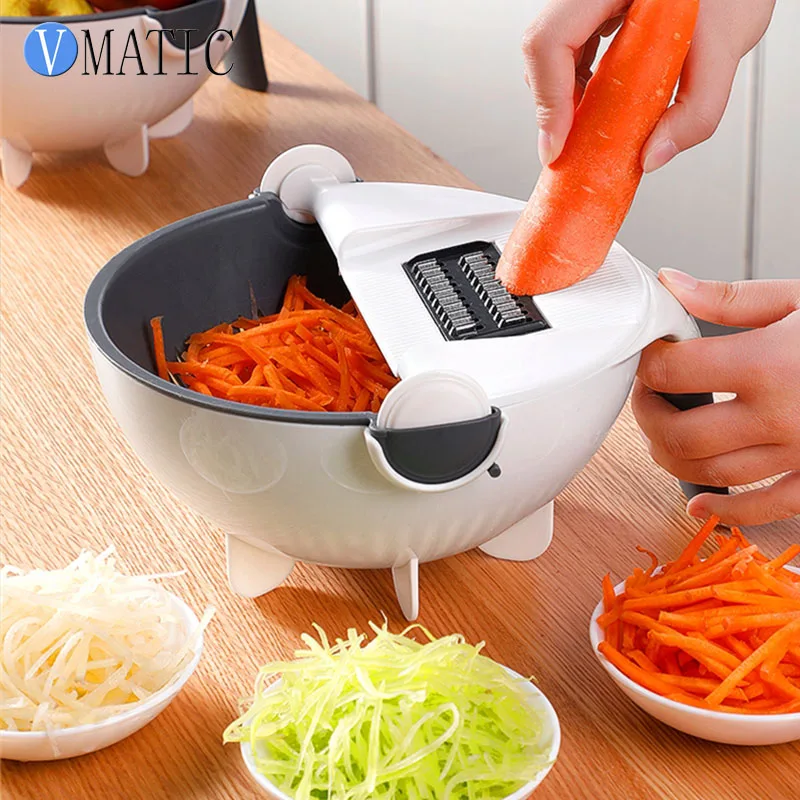 9 in 1 Multifunctional Vegetable Slicer Cutter with Drain Basket Household Potato Chip Slicer Radish Grater Chopper Kitchen Tool 180° double layer rotatable washing fruit basket with handle vegetable drain basket collapsible drainer kitchen tool sink filter