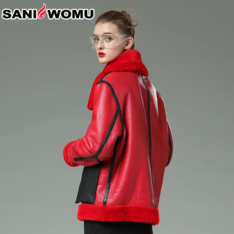 Красный Sani оригинальная Экологичная меховая одежда женская короткая шуба из овчины модная повседневная парная подходящая куртка из натурального меха - Цвет: Красный